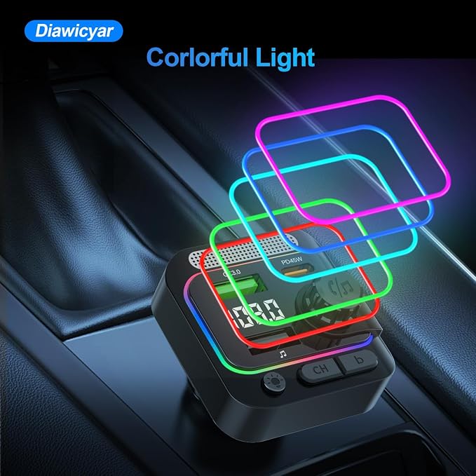 63W FM Transmitter Bluetooth Car Adapter, Wireless FM Bluetooth Transmitter | [PD 45W & QC3.0] Fast Charge, Deep Bass Player, Hands-Free Calling, Black