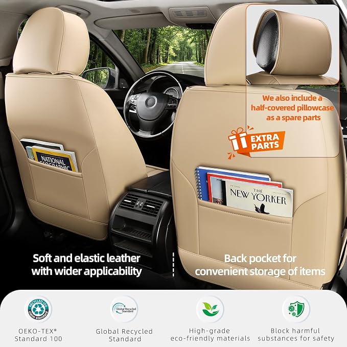 2-Seater Waterproof and Breathable Nappa Leather Car Seat Covers Full Set, Fit for Front Seats of Cars, Compatible with Airbags, Car Seat Protector Covers for Most Cars - Beige