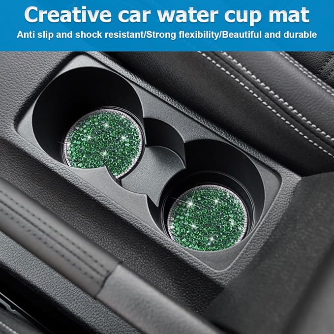 Bling Car Cup Holder Coaster, 2PCS 2.75 Inch Crystal Rhinestone Anti Slip Vehicle Drink Cup Mat for Women Girls, Auto Interior Embedded in Ornaments. Universal for SUV RV Truck (Dark Green)