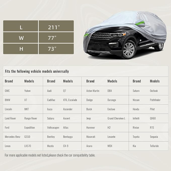 TUCAREST 6-Layers Premium Full Car Cover Hard Shell Zipper Design Waterproof All Weather Weatherproof UV Sun Protection Snow Dust Storm Resistant Outdoor with Straps (Fit for SUV/MPV 201"- 211")