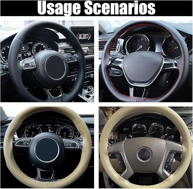 Car Genuine Leather Steering Wheel Cover, DIY Sewing with Needle and Thread, Breathable, and Anti-Slip, Universal 15 Inch Car Steering Wheel Stitching Wrap (Beige, Hole)
