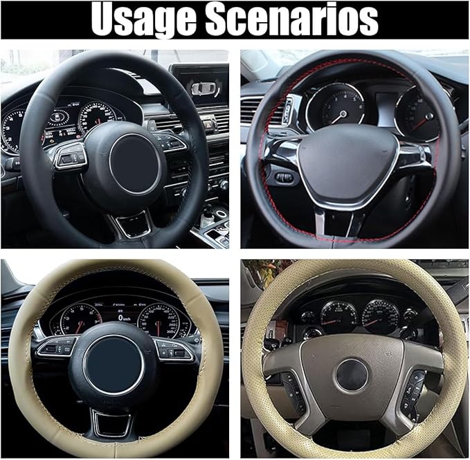 Car Genuine Leather Steering Wheel Cover, DIY Sewing with Needle and Thread, Breathable, and Anti-Slip, Universal 15 Inch Car Steering Wheel Stitching Wrap (Black, Glossy)