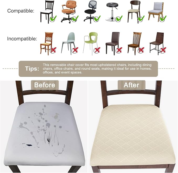 SearchI Seat Covers for Dining Room Chairs Stretch Jacquard Chair Seat Covers Set of 6, Removable Washable Upholstered Chair Seat Protector Cushion Slipcovers for Kitchen, Office(Beige Rhombus)