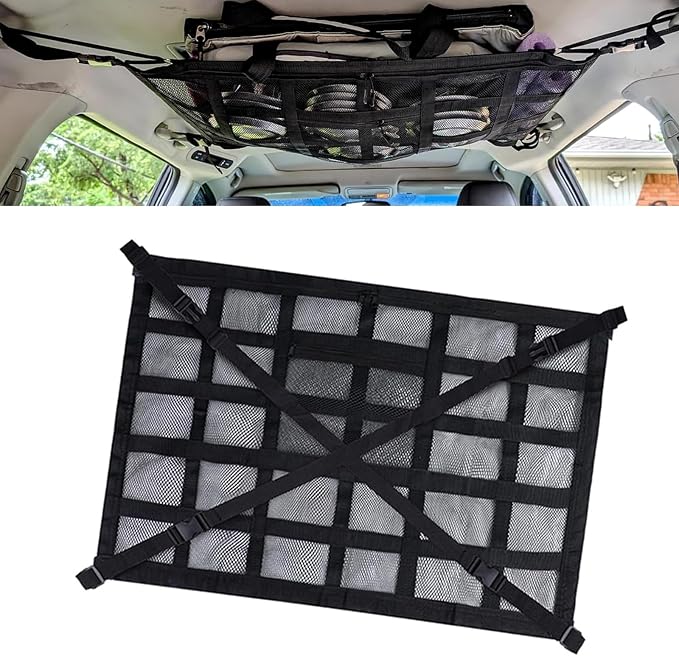 Car Ceiling Cargo Net, Double Layer Roof Storage Net with Pockets, 31.5" x 21.6" Camping Ceiling Storage Organizer, Fit for Sedans SUVs ravel Road Trips,Van Life Essentials (Black)