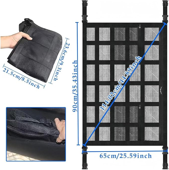 Car Ceiling Storage Net for Jeep Wrangler 1986–2025 2026 YJ/TJ/JK/JL, Double-Layer Roof Cargo Organizer, Interior Overhead Mesh Bag for Travel Essential Storage