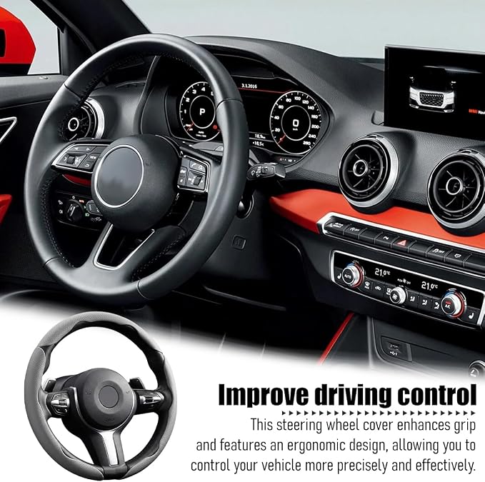3PCS Car Steering Wheel Cover, 14.5-15" Breathable Nappa Leather Segmented Steering Wheel Protector with Non-Slip Grip, Stylish Auto Interior Decor Accessories, Universal for Vehicles (Gray)