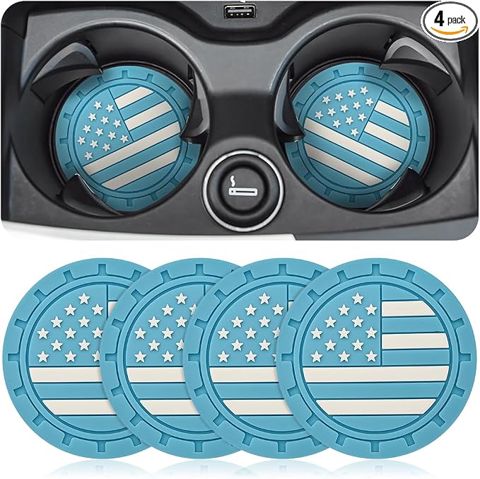 AUCELI 4 Pack Car Cup Holder Coasters, Colored American Flag US Flag Insert Car Cup Coaster, 2.75 Inch Anti Slip Shockproof Embedded Drink Mat, Vehicle Interior Decor Accessories
