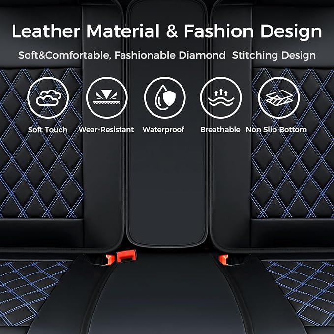 Huidasource Car Back Seat Cover, Leather Anti Slip Automotive Rear Seat Cover Protector, Back Seat Car Cover Velcro Adjustable Universal Fit for Most Cars Sedan SUV Pickup Truck (Back Row/Black&Blue)