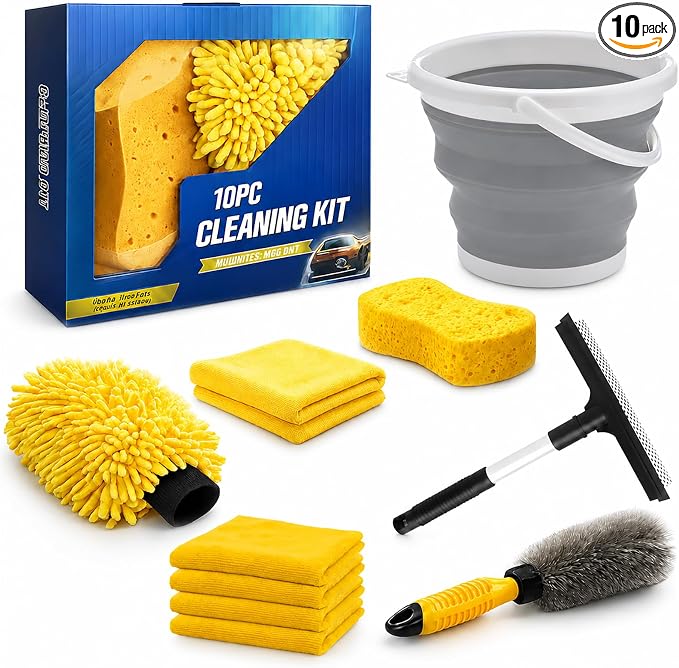 10Pcs Car Wash Detailing Kit Cleaning Kits,with Collapsible Bucket Wash Mitt Sponge Terry Towels Wheel Brush Window Scraper Coral Velvet Towel, Car Cleaning Tools Kit for Interior, Exterior, Wheels