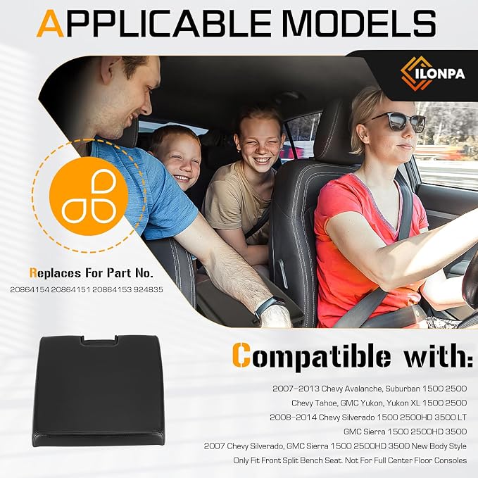 ILONPA Black Center Console Lid Armrest Box Cover w/Latch Fits for 2007-2013 Chevy Avalanche Silverado Tahoe GMC Sierra 1500 2500HD 3500 Replace for 20864154 20864151 20864153 Middle Console Lid Top