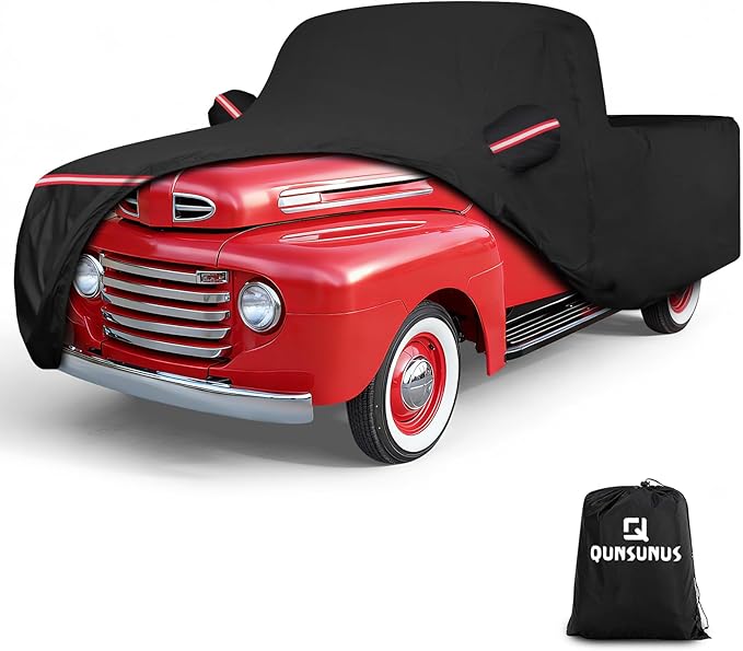 QUNSUNUS F100 Truck Cover 1948-1983 and F150 1980-2003 Regular Cab Short&Standard Bed, Waterproof F100 Car Cover with Elastic Edge, All Weather F150 Cover with Straps and Zipper