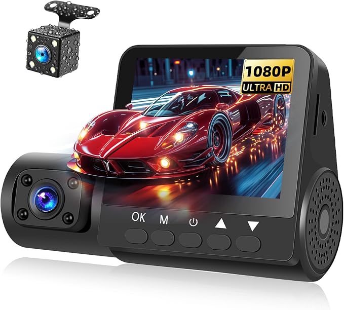 Dash Cam1080P 3 Channel Dash Camera Mini Car Recorder 2.45 Inch Screen Front Rear and Inside with Loop Recording Wide Angle IP66 Waterproof