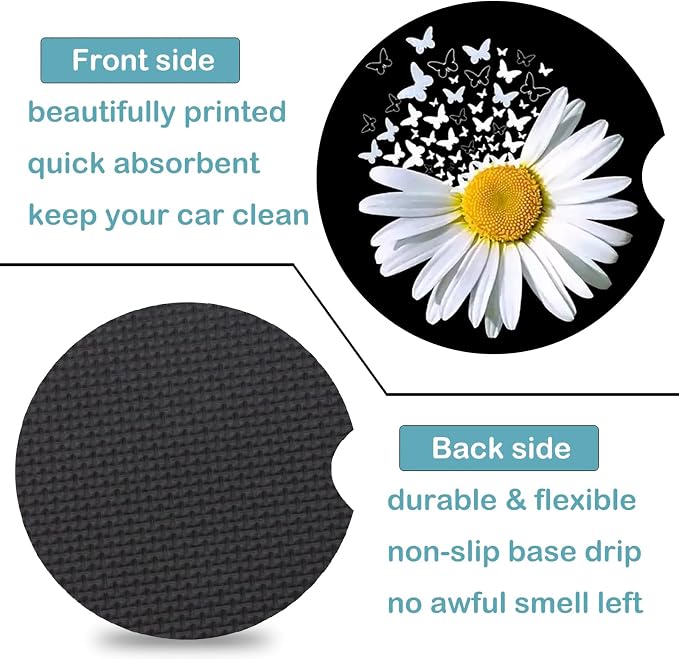 2 Pack Daisy Butterfly Car Cup Holder Coasters Universal Neoprene Coasters | 2.75" Universal Size Anti Slip Rubber Mat, Auto Cup Holder Accessories for SUV Truck, Daisy Gifts for Women Men