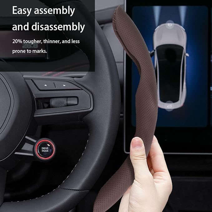Car Steering Wheel Cover, O/D Shape, Nappa Leather, Segmented, Anti-Slip, Odorless, Breathable, for Men & Women, 14-15inch (Coffee)