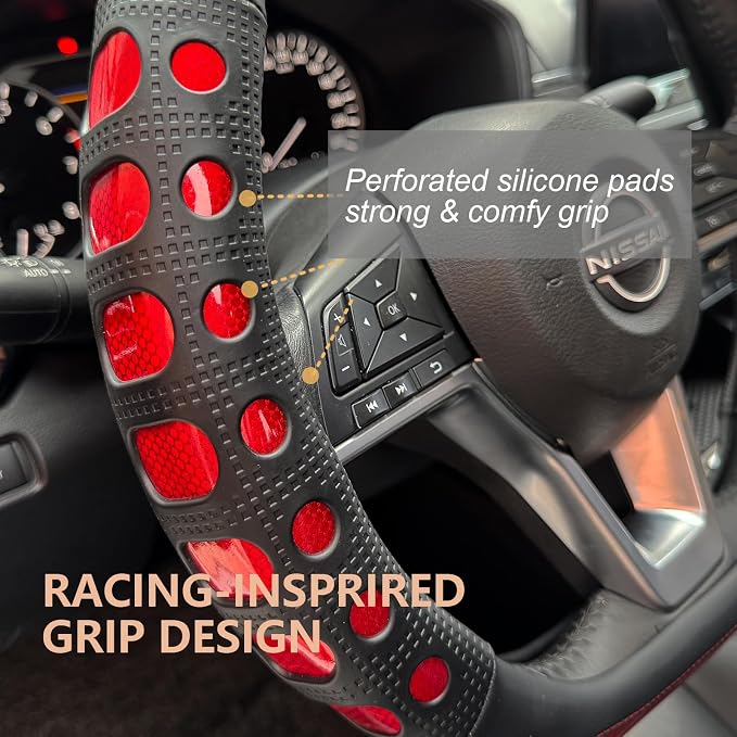 PINCTROT D Shaped Race Grip Steering Wheel Cover, Anti Slip Silicone Perforated Design with Soft Touch Padding, Enhanced Grip for Sporty Driving Flat Bottom 14.5-15 Inch (Racing Red)