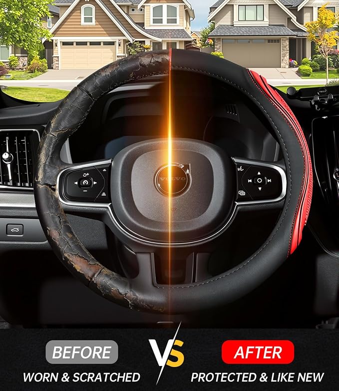 XCBYT Steering Wheel Cover - Red Leather Steering Wheel Wrap Great Grip with 3D Honeycomb Quick and Effortless Installation Non-Slip Silicone Inner Ring for Women Man Universal Fit 14.5-15 Inch