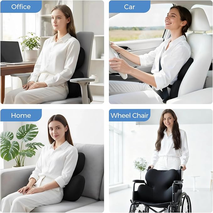 BEBAS Ergonomic Memory Foam Lumbar Support Pillow for Car, Black | Zoned Pressure Relief for Back Support, Lumbar Cushion with Fixed Ring, Breathable Washable Cover, Fits for Driving & Office