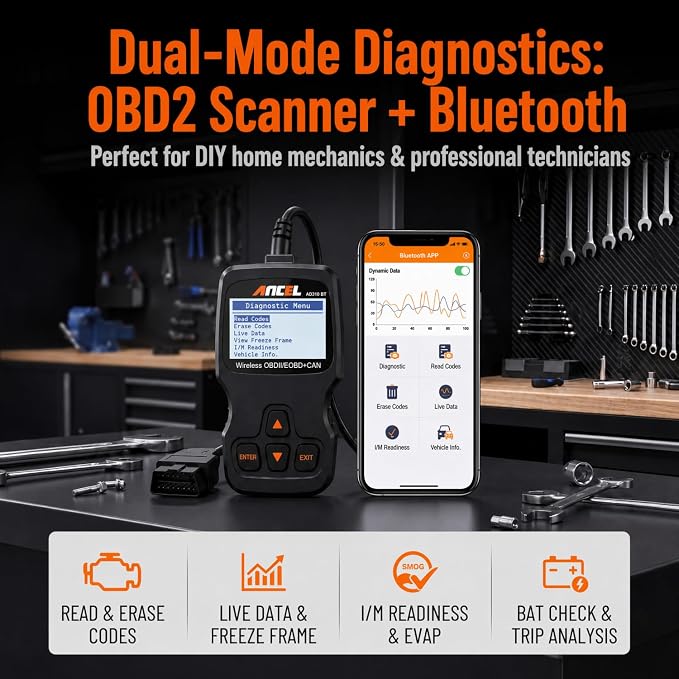ANCEL AD310 BT OBD2 Scanner with Bluetooth Upgraded AD310, Car Code Reader with Battery Voltage Monitor, Live Data, I/M Readiness, DTC Lookup Check Engine Code Reader for 1996+ Vehicles