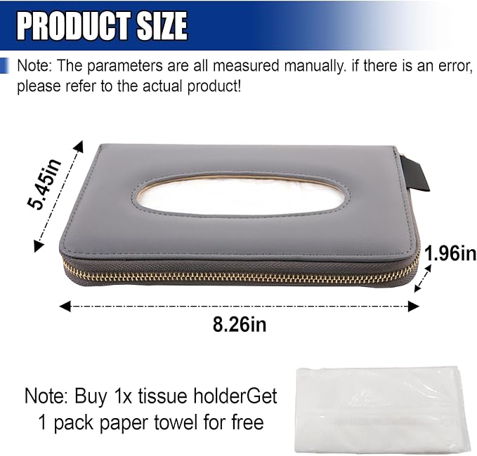 Car Tissue Holder, Leather Car Sun Visor Napkin Box with Tissue Refill, Auto Backseat Paper Carton Mask Dispenser with Zipper, Universal Hanging Vehicle Towel Clip for RV, SUV, Truck (Grey)