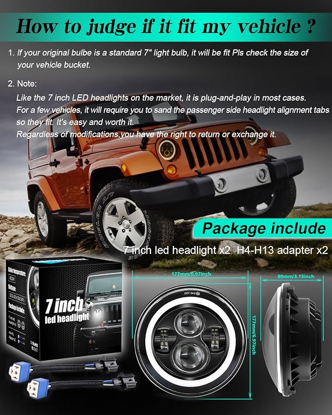 ZIMABLUE 7 inch led Headlight Round 2pc Projector 7 inch Halo led Headlight H6024 DOT Approved Hi/Lo Beam DRL Amber Turn Signal Compatible with Jeep Wrangler JK TJ CJ Compatible with Chevy and miata