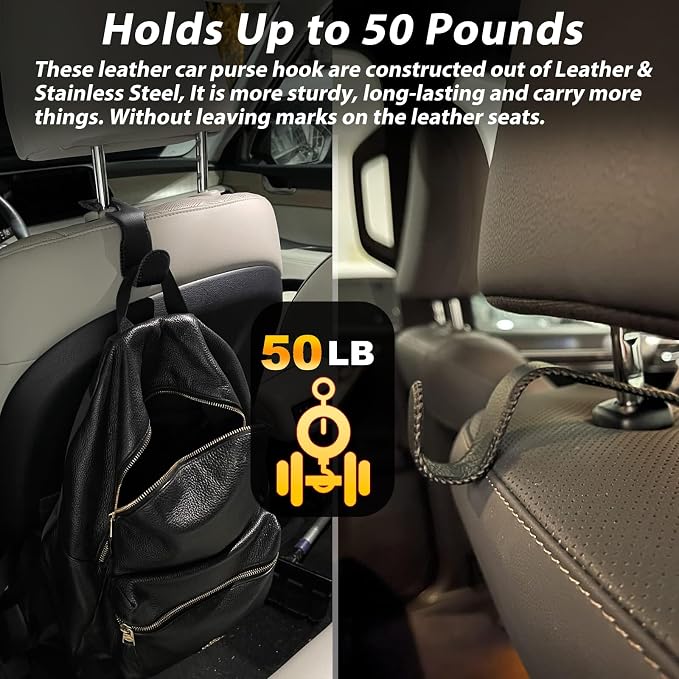 Purse Hook for Car Seat Headrest, Seat Back Storage Hook | Premium Stitched Leather, Holds 55lbs, Universal Car Trip Essentials, For Hanging Handbags Groceries Backpack