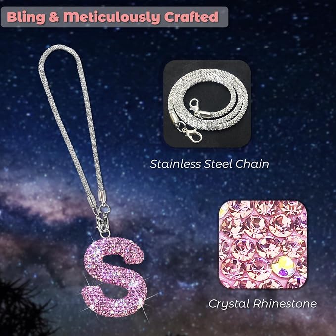 Bling Pink Car Accessories for Women Letter Charm, Rainbow Color Rear View Mirror Cute Crystal Pendant Car Decorations, Lucky Gifts Girly Diamond Rhinestone Charm Interior S