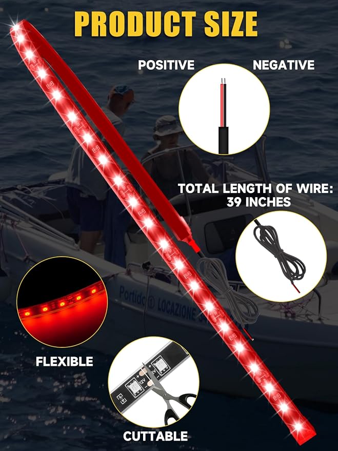 Car LED Strip Lights IP68 Waterproof Cuttable 24inch Red 4 Pcs | 12V Footwell & Underbody Lights, 5050 SMD Beads, Interior & Exterior Light, Fits SUVs, Trucks, Motorcycles, Boats, Golf Carts