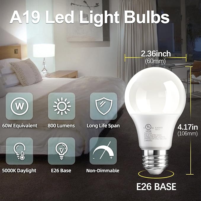 TJOY LED Light Bulbs Daylight 5000K, 60 Watt Equivalent LED Bulb, 9W Bright White Light Bulb, A19 E26 Standard Base, Non Dimmable, Energy Saving, 800LM, 120V, UL Listed, 15000 Hour Lifetime, 6 Pack