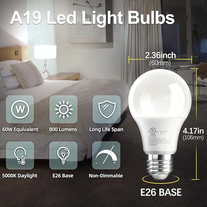 TJOY 12 Pack A19 LED Light Bulbs, 60 Watt Equivalent LED Bulb, Efficient 9W, Daylight 5000K, E26 Standard Base, Bright White Lightbulb, Non Dimmable, Energy Saving, 800LM, 80 CRI, 120V, UL Listed