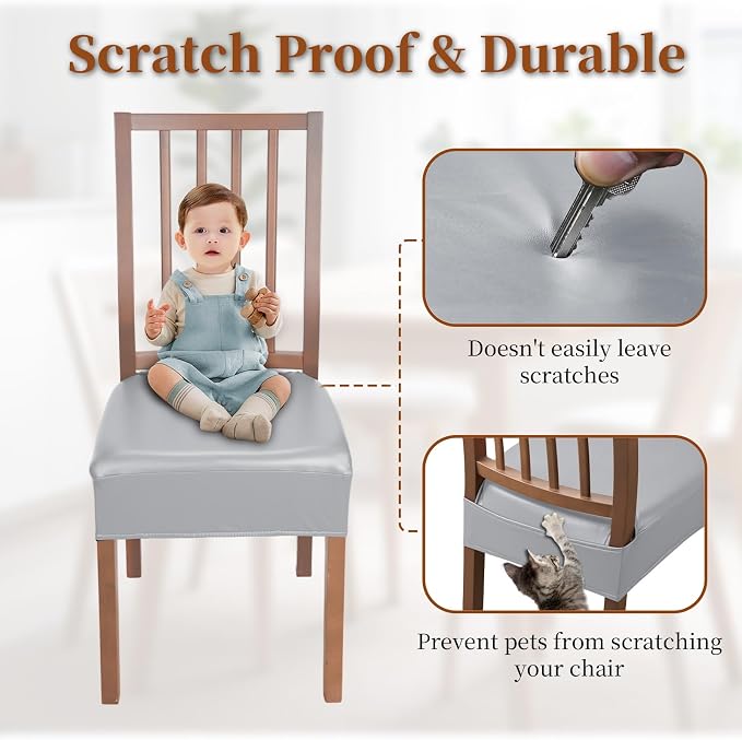 Waterproof Dining Chair Seat Covers Leather Kitchen Seat Covers, Stain Resistant Stretch Chair Seat Covers for Dining Room Chairs Set of 6, Rear Covered Washable Dining Chair Covers Gray
