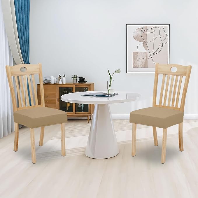 Easy-Going 100% Waterproof Seat Covers for Dining Room Chairs Set of 2, Stretch Chair Seat Slipcovers Protector Removable and Washable Kitchen Dining Chair Covers, Khaki