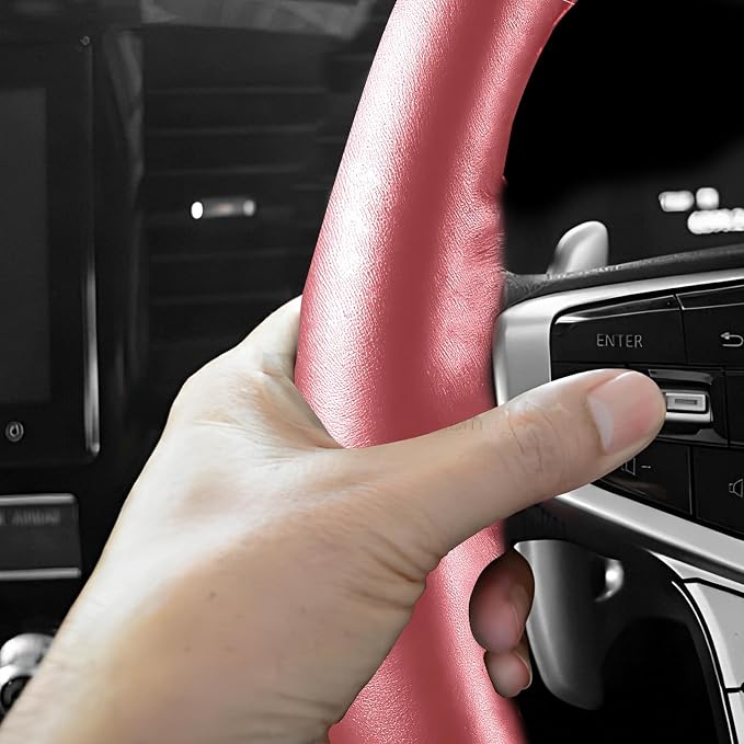 Genuine Leather Steering Wheel Cover, 15 Inch Stitch on Wheel Wrap with Needles & Threads, Breathable Steering Wheel Protector DIY Sewing Wrap for Car Truck SUV (Wine Red, Glossy)