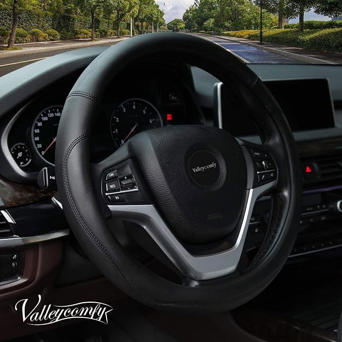 Valleycomfy Microfiber Leather Steering Wheel Cover Large-Size for F150 F250 F350 Ram 4Runner Tacoma Tundra Range Rover Model S X with 15 1/2 inches-16 inches Outer Diameter (Black)