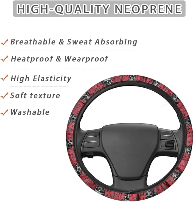 AFPANQZ Car Steering Wheel Covers Sweat Absorption Comfort Grip for Men | Skull Bat Red Print, Halloween Decor, Car SUV Sedans Interior Accessories, Steering Wheel Protection Sweat Absorption