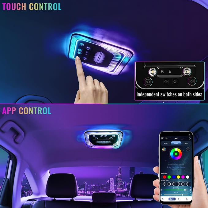 Universal Car Rear Dome Light Replacement,Adjustable LED Ceiling Lamps Assembly w/Touch Screen,Car RV Interior Lighting w/Door Trigger Switch,Over-Head Roof Ambient Light,RGB (Ripple Style)