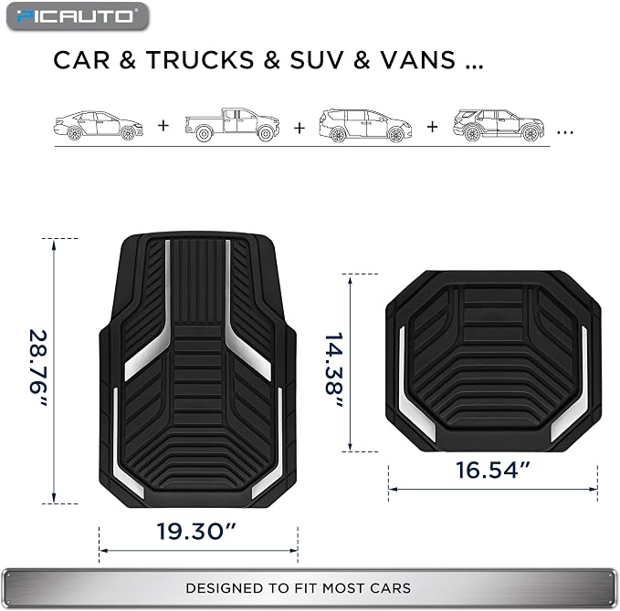 PIC AUTO Heavy Duty Rubber Floor Mats, Silver Aluminum Film Car Mats Set, Front and Rear Car Mats with Anti-Slip Backing, All Weather Protection, Trim-to-Fit for Automotive SUV, Sedan, Van