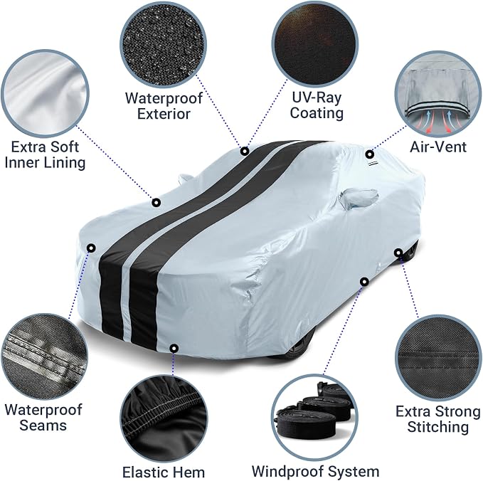 iCarCover Premium Heavy Duty Car Cover - Waterproof All Weather Rain UV Protection, GTO, CL, TL, TLX, TSX, A6, S6, Optima, Accord, Camry, Size C11 (See Size Chart), Stripe - Gray/Black
