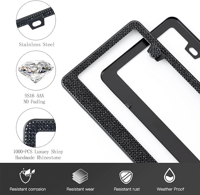 FIISFIIS Bling License Plate Frame for Women,2 Pack Premium Stainless Steel Rhinestone License Plate Holder,Handmade Glitter Crystal Diamond Girl Lincense Plate Tag Cover,Bedazzled Sparkly-Black
