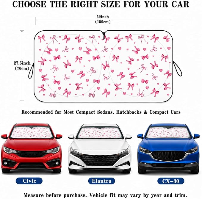 Car Windshield Sun Shade, Universal Fit Compact Sedan SUV, Cute Heart Bow | 59 x 27.5" Car Sun Visor , Foldable Front Window Sunshade, UV Heat Protection, Girly Bow Series