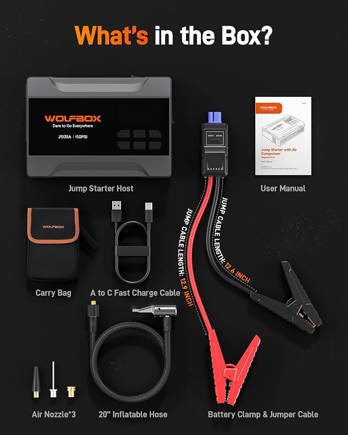 WOLFBOX MV10A 2000A Jump Starter with Air Compressor, 37Wh Car Battery Jumper Starter Portable (up to 5L Gas Engine) with 150PSI Tire Inflator, 12V Jump Box with Jumper Cables, Boost, LED Light