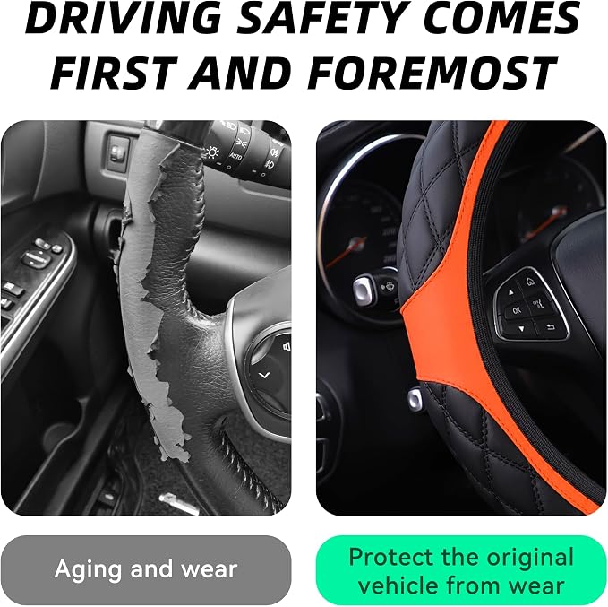 15 Inch Car Leather Steering Wheel Cover, Automotive Accessories Elastic Breathable Anti-Slip Soft Wheel Protector Fits Men and Women, Suitable for SUVs, Trucks, Vehicles and RVs (Orange)