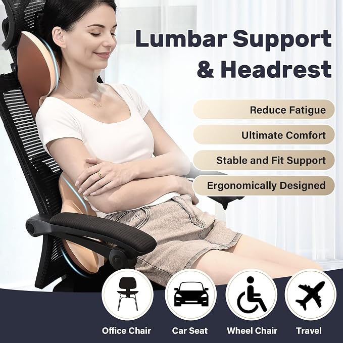 Coverado Lumbar Support and Car Neck Pillow, Ergonomic Memory Foam Desk Chair Cushion and Headrest Pillow for Car Office Chair, Sciatica & Neck & Tailbone Cushion