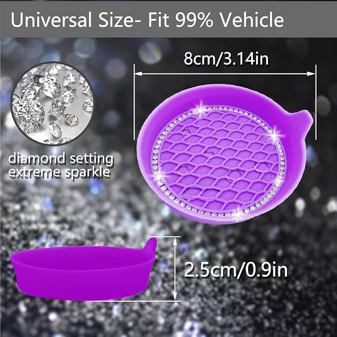 NBTEPEM 4PCS Bling Car Coasters, Non-Slip Insert Water Bottle Holder Pads, Bling Crystal Rhinestone Dustproof Automotive Interior Accessories, Universal for Vehicles, Trucks, RVs (4 pcs, Purple)