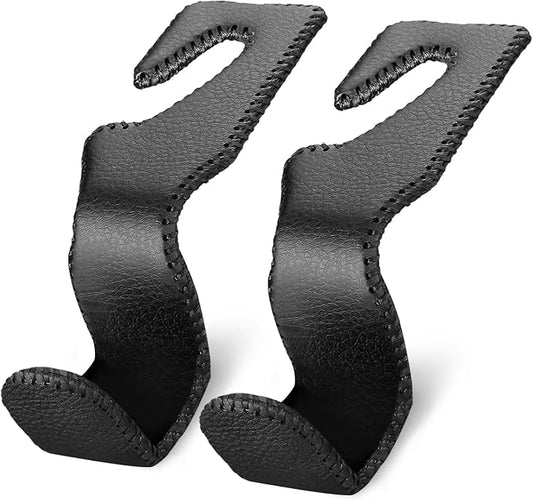 Purse Hook for Car Seat Headrest, Seat Back Storage Hook | Premium Stitched Leather, Holds 55lbs, Universal Car Trip Essentials, For Hanging Handbags Groceries Backpack