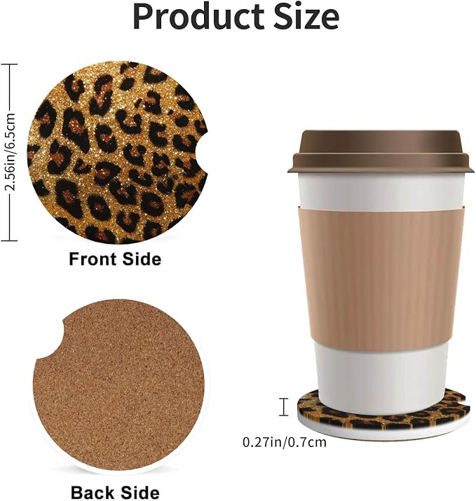 Leopard Print Shiny Car Cup Holder Coasters 2 Pack 2.63" for Women | Glittering Universal Anti Slip Ceramic Absorbent Coaster with Cork Base and Finger Notch Cute Car Accessories Interior