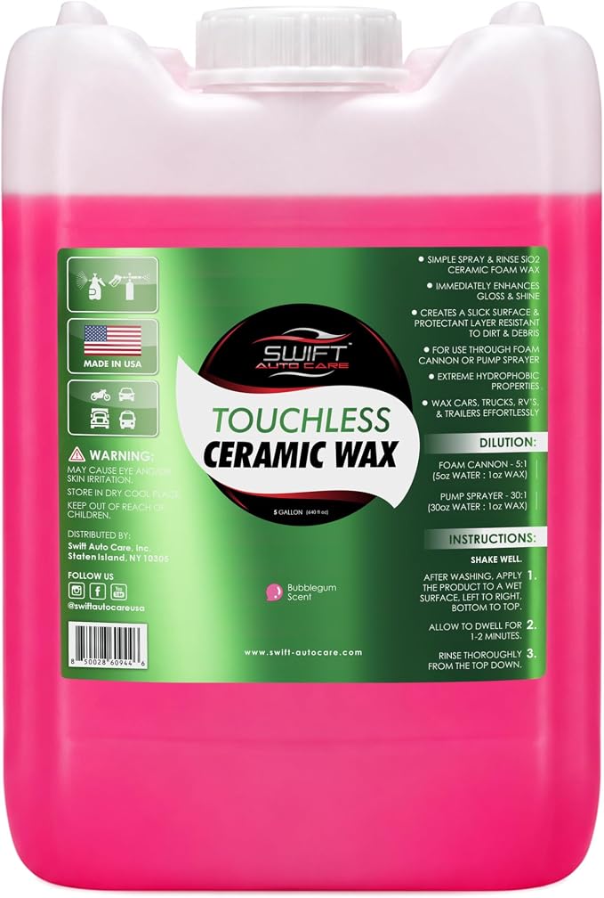 Swift Touchless Ceramic Foamable Wax (5 Gallon) – Spray On/Rinse Off For High-Gloss, Hydrophobic Protective Layer | For Foam Cannon & Foam Pump Sprayer After Car Wash | Wax Cars, Trucks, RV’s & More!