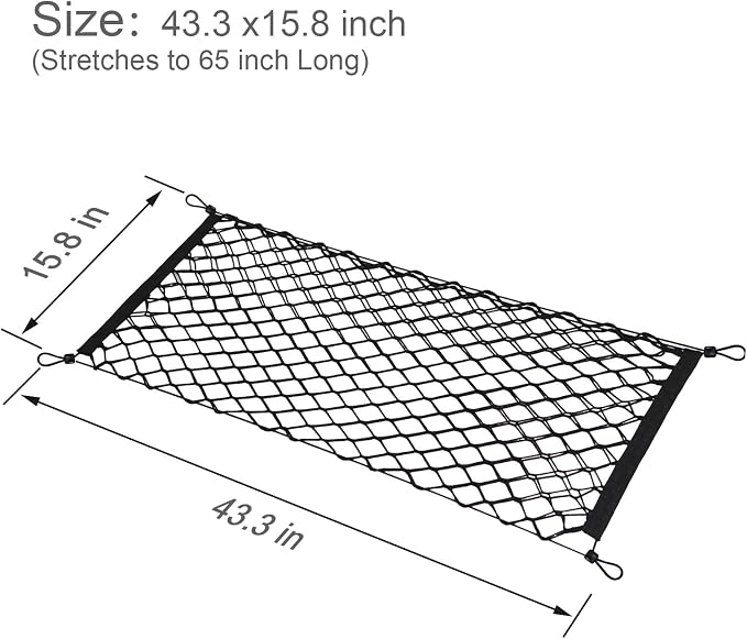 BAILALIBO Cargo Net with Metal Hooks, 43.3x15.8 in | Elastic stretchable mesh, adjustable for SUV/truck/jeep, universal fit, secure trunk storage, heavy-duty for car exterior
