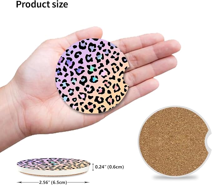 Cute Gradient Leopard Ceramic Cup Holders Car Coasters Set for Women/Men,Drink Cup Car Holder Coasters with A Finger Notch 2.56" Pack of 2