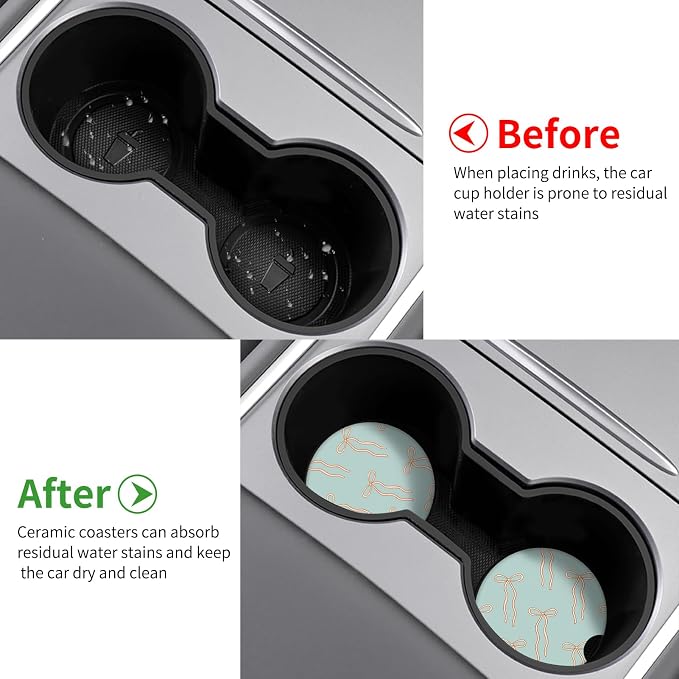 Cute Bowknot Car Coasters,Absorbent 2 Pack for Cup Holders with Finger Notch,2.56 inches Ceramics Heat Resistant Anti Slip Cork Base Car Drinks Coasters Auto Cup Holder