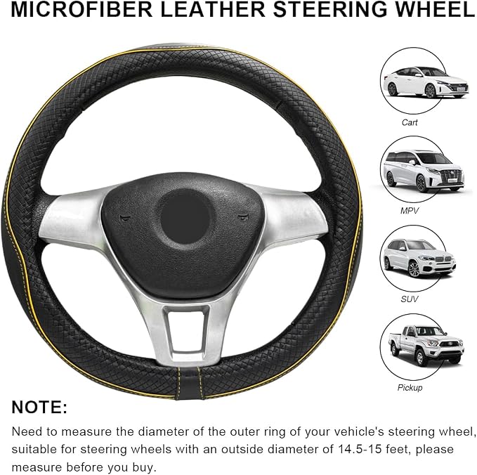 Car Steering Wheel Cover, 15 Inch Anti-Slip Breathable Leather Auto Steering Wheel Protector, Full Surround Soft Steering Wheel Cover for Men Women, Car Interior Accessories (Black & Yellow)